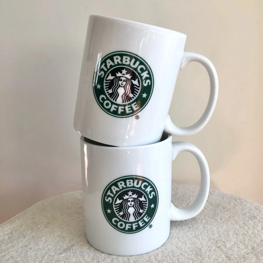 Starbucks Coffee White with Green Logo Mugs 2006 Edition Set of 2 a pair of mugs